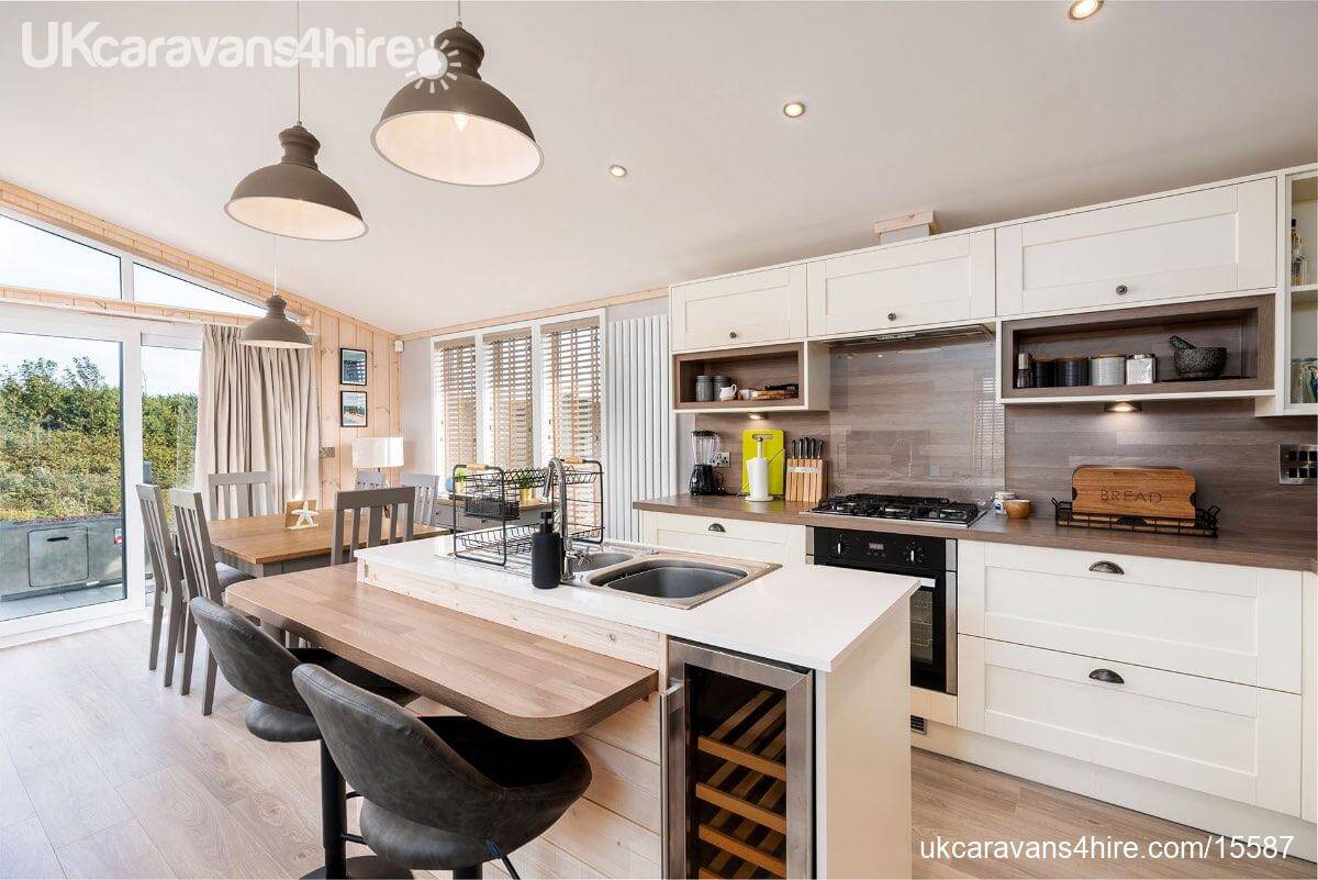 Luxury static caravan interior. Kitchen island.