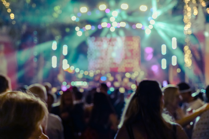 Silhouette hands of audience crowd people enjoying the club party concert ,Celebrate party , Blurry night club party music dancing sound , Party People Blurred Background-Crowd at concert and blurred