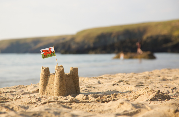 Welsh flag in a sandcastle on the beach with the sea in the background