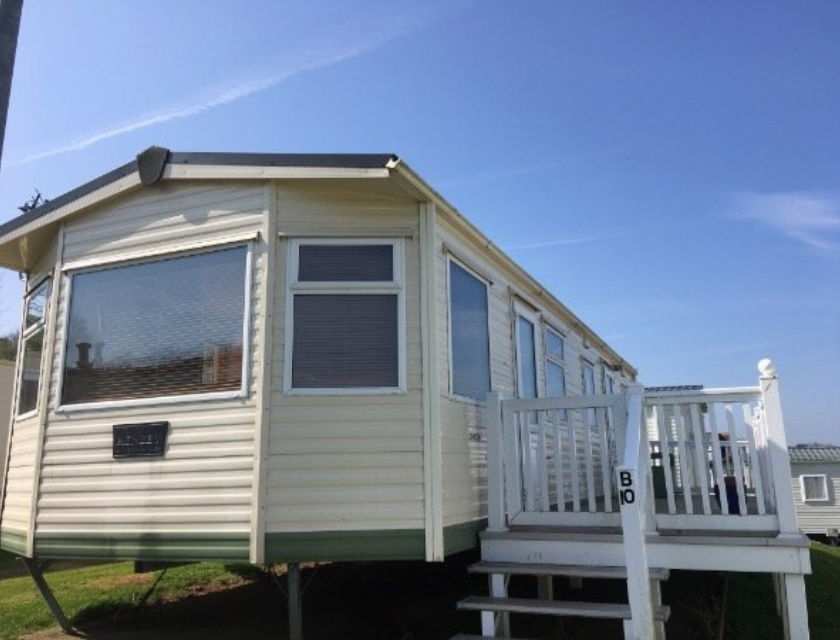 Low shot of a static caravan in South Bay Caravan Park.