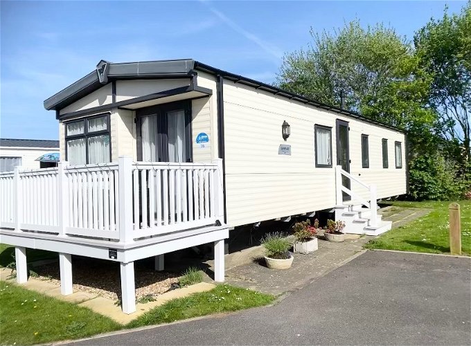 The front of a static caravan on a sunny day in Filey, North Yorkshire.
