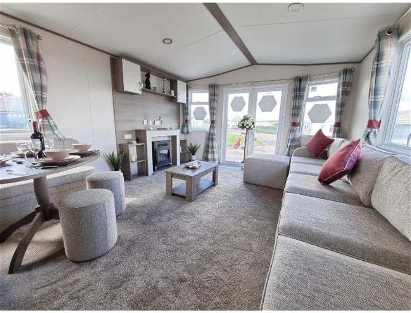 Interior of a static caravan at Seaview caravan park in Scarborough.