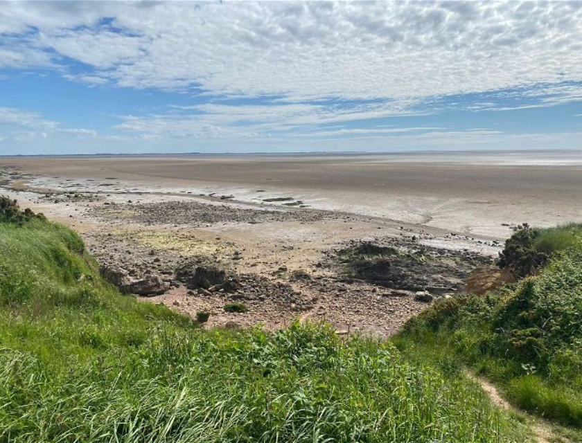 A wide, sandy beach extends into the distance under a partly cloudy sky. The foreground features green grassy vegetation on a small cliff overlooking the beach. The beach is dotted with rocks and patches of vegetation, leading to a flat expanse of sand and mudflats stretching out to the horizon. The sky above is mostly clear with some scattered clouds, and the vastness of the beach is emphasized by the open, expansive view.