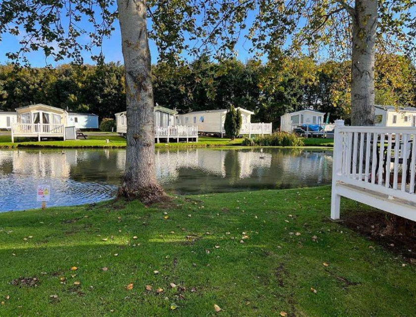 Several mobile homes with white siding and decks are situated around a small pond. The homes are surrounded by green grass and trees with sparse leaves. A white railing is visible in the foreground on the right side of the image, and a tree trunk is prominent in the center. The pond reflects the homes and trees, and there is a small sign near the water's edge. The background features dense green foliage.