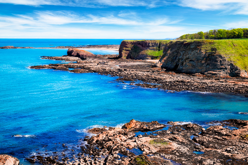 Coastal caravan breaks in Scotland. Sea Cliffs by Oxroad Bay, North Berwick, East Lothian, Scotland, UK