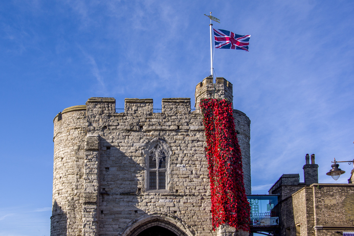 CANTERBURY, ENGLAND 8 NOV, 2018: Landscape view of the WestGate tower in Canterbury. Kent , United Kingdom.