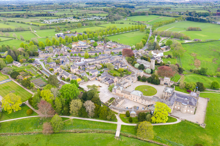 Aerial photo of the small village of Ripley in Harrogate in North Yorkshire in the UK. One of the things to do in Harrogate and places to visit