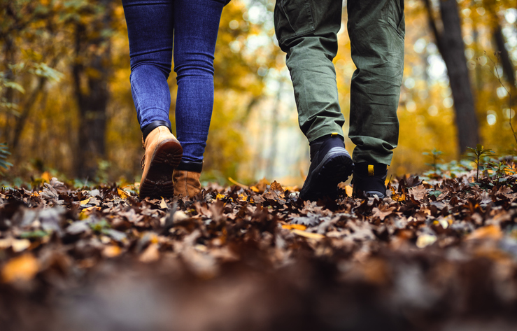 Close up of two hikers feet walking in forest.