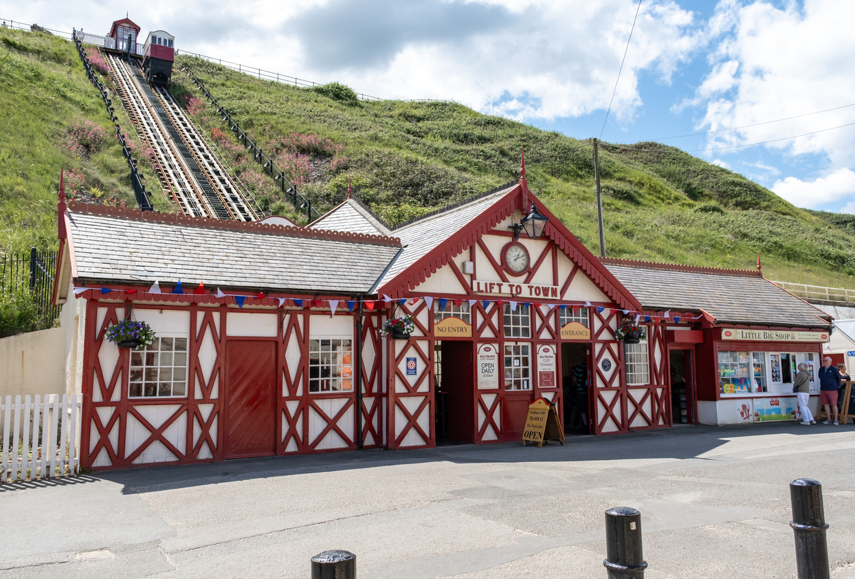 Saltburn, Yorkshire, UK – June 26 2023. The exterior of the Saltburn funicular or clifftop tram ticket office