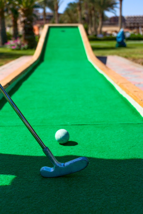 Golf miniature golf. Stick, green artificial turf, the ball on the background of palm trees