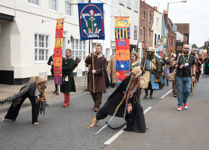 Canterbury, Kent, United Kingdom - 8 July 2017: People parading at the yearly traditional historical medieval parade at the city of Canterbury in Kent, United Kingdom.