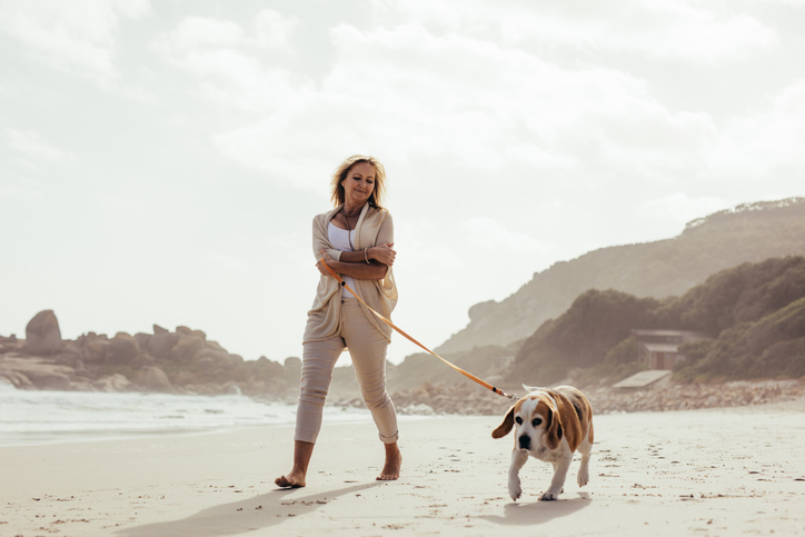 Full length shot of mature woman taking her dog on walk on the beach. Senior female on morning walk with her pet dog.