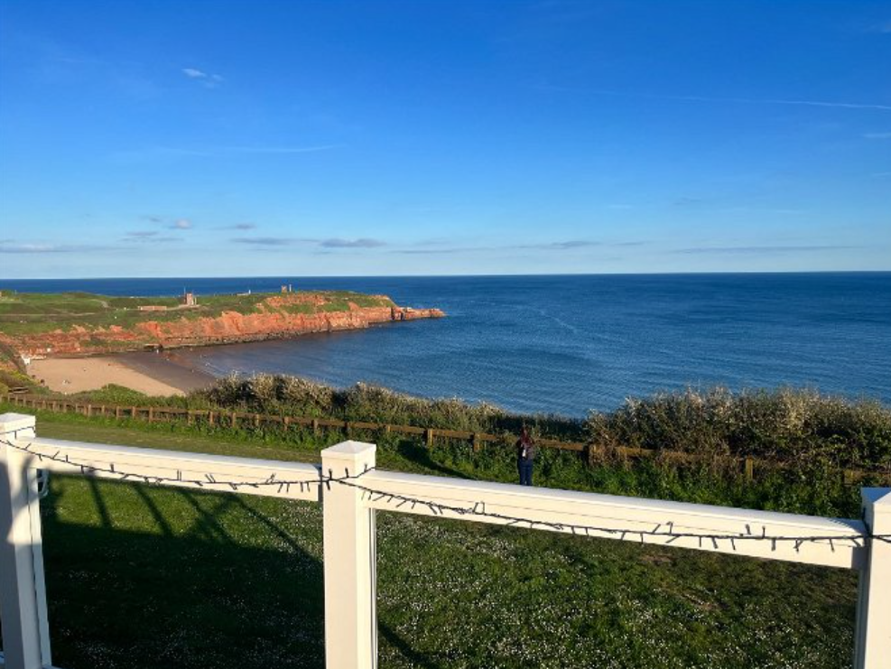 a scenic view of Exmouth, England, looking out towards the coastline. The foreground features a white railing decorated with string lights, suggesting a nearby residence or viewpoint. Beyond the railing, there is a lush green lawn and some shrubs, leading down to a sandy beach. The coastline is marked by striking red cliffs, characteristic of the region, and the expansive blue sea stretches out to the horizon. The sky is clear and blue, creating a tranquil and picturesque scene, perfect for a peaceful day by the coast.