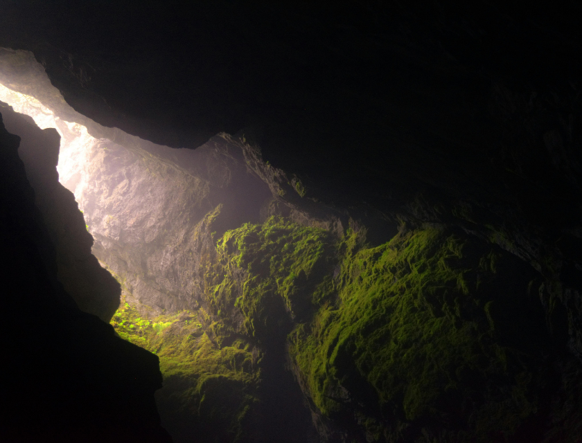 Sunlight illuminates moss-covered rocks inside a cave, capturing a serene spot among the things to do in Polperro.