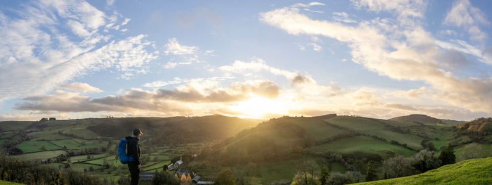 Running alongside the border between England and Wales, Offa's Dyke Path is a 177-mile National Trail. This image was taken on the trail just north of Knighton, looking down on to a village called Wellfield.