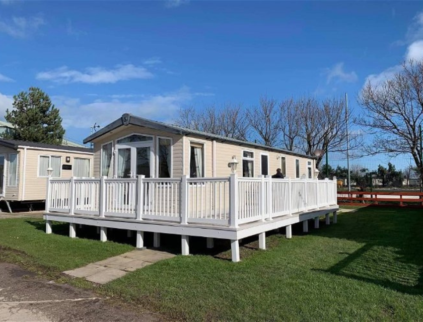 Exterior shot of a static caravan in Ty Mawr Holiday Park near Prestatyn, Wales