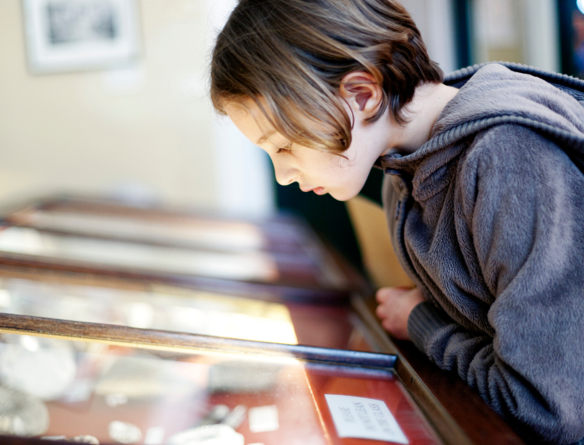 A child intently observing historical artifacts displayed in a museum, highlighting the educational and engaging nature of museums in Mevagissey.