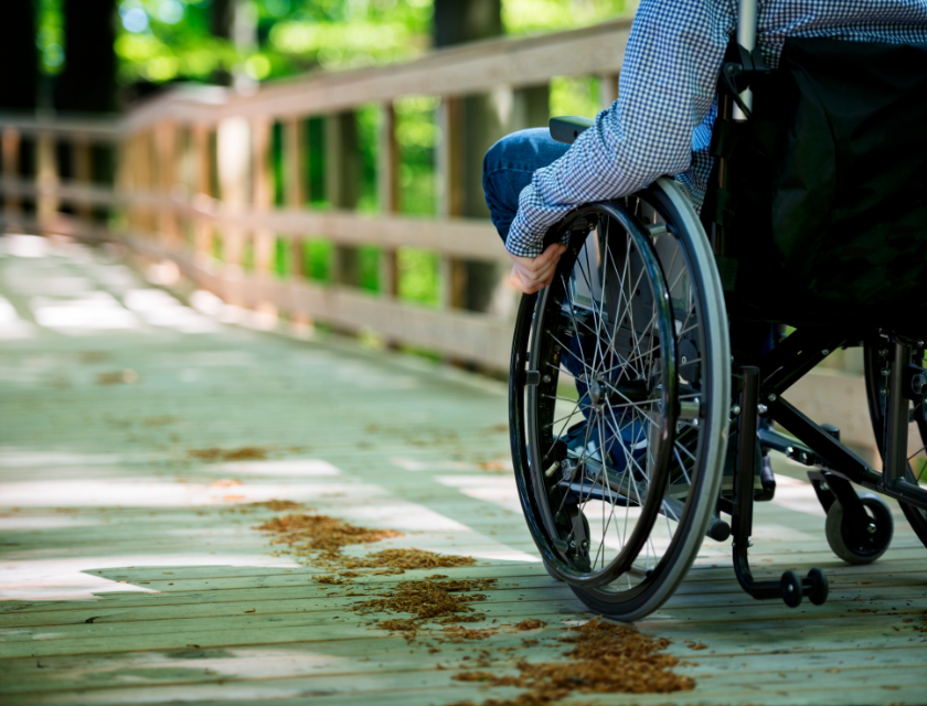 Person in a wheelchair moving along a wooden boardwalk surrounded by greenery in an outdoor setting.