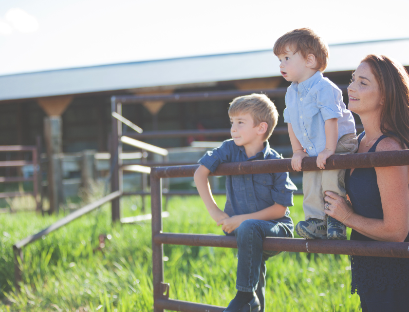 Woman with two young boys leaning on a metal fence, looking out at a farm scene, with a barn and grassy field in the background.