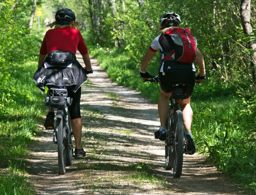 Two cyclists, wearing helmets and backpacks, ride along a shaded forest path surrounded by dense greenery.