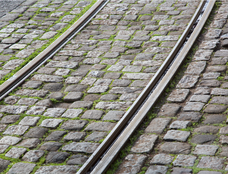 Close-up view of cobblestone tram tracks with green moss growing between the stones, symbolising a historic tramway leading up to a scenic destination.