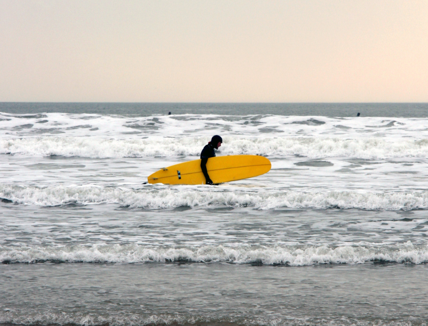 A surfer with a bright yellow board preparing to ride waves at the beach.Croyde Beach is,one of the best spots for surfing enthusiasts and beginners.