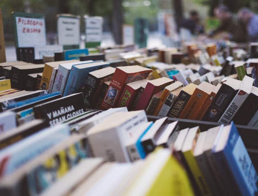 Colourful rows of books displayed at a second-hand bookshop.