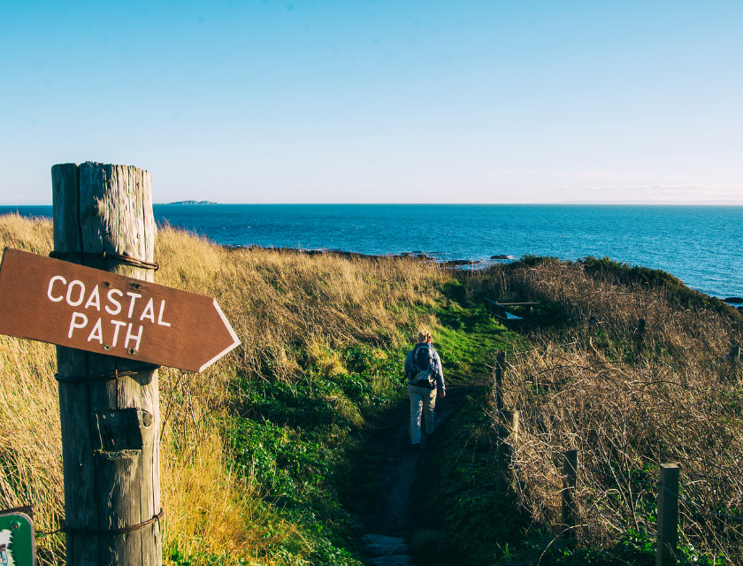  A wooden sign reading "Coastal Path" points towards a narrow trail along a grassy cliff, with the sea in the background and a person hiking ahead. Walks along the coastal path are some of the most popular dog-friendly activities in Cornwall.