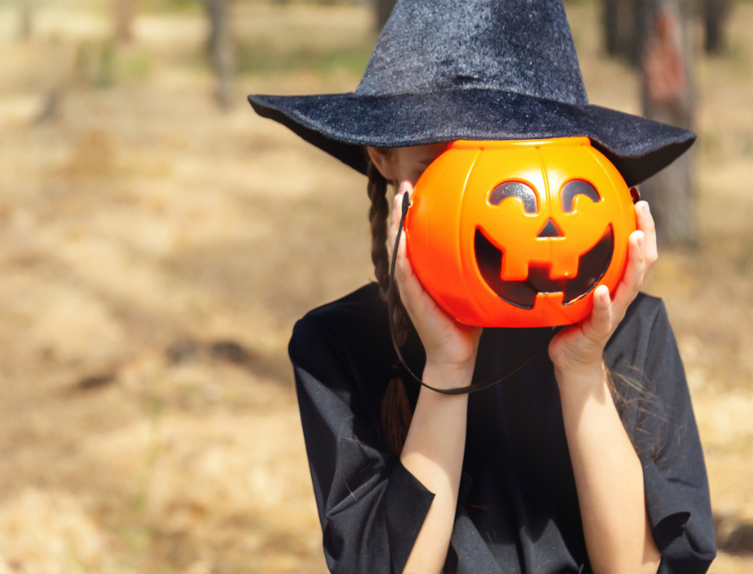 A girl in a black witch costume hiding her face behind an orange pumpkin-shaped bucket outdoors.