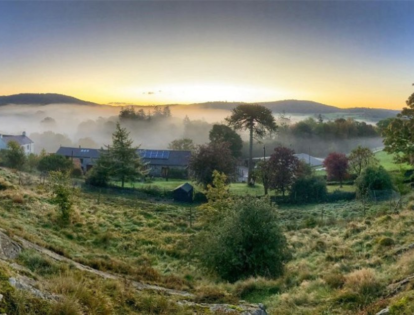 misty sunrise over hills and trees, with homes nestled in the below valley 