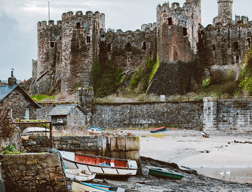 Stone walls of Conwy Castle overlook a small harbour filled with colorful boats.