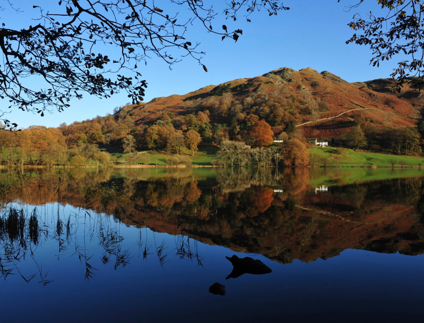 Autumn landscape by a lake in Cumbria, with reflections in the waters.