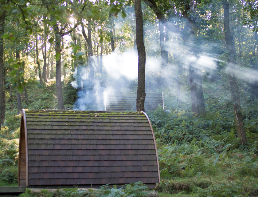 Smoke rising from a glamping pod in a peaceful woodland setting.