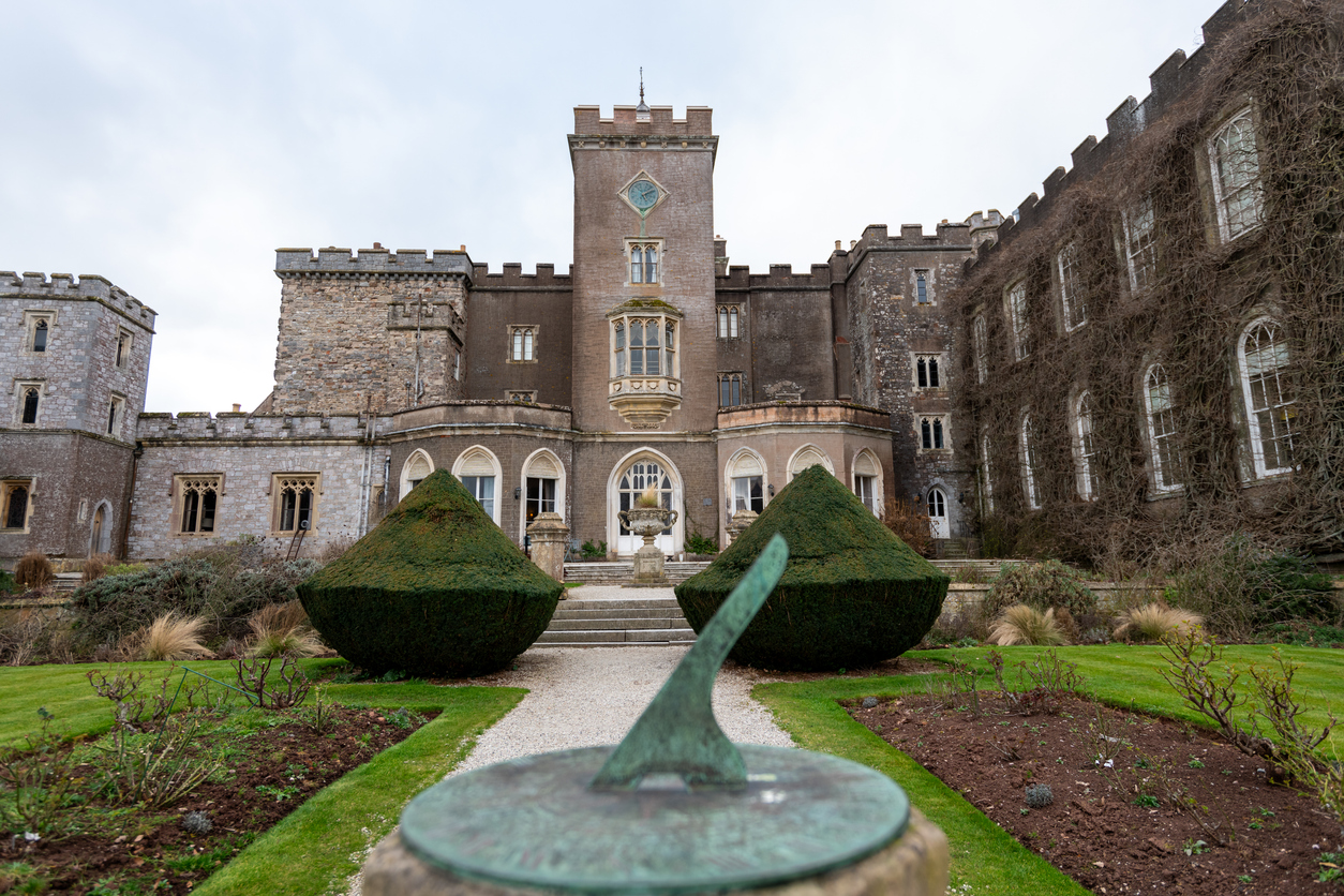 Kenton.Devon.United Kingdom.February 17th 2023.Photo of the east front of Powderham castle in Devon