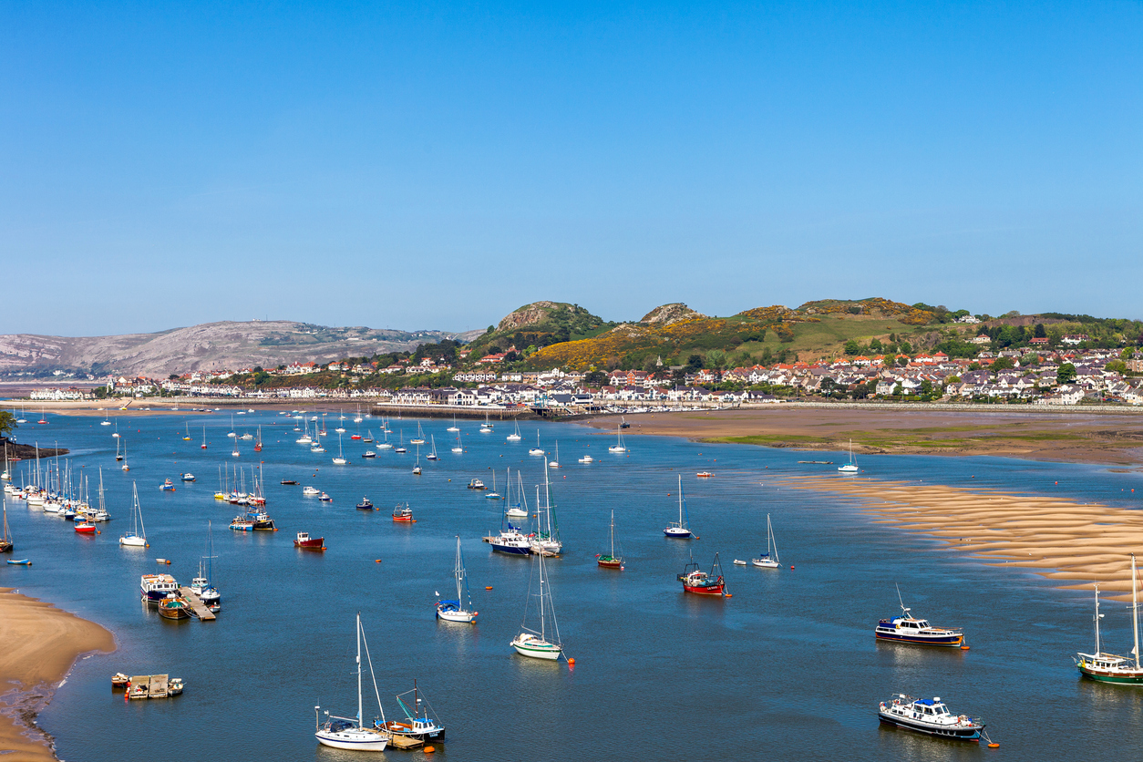 Boats moored on the Conwy river in Conwy,Wales, UK.